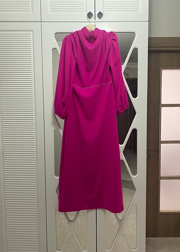 Pembe Uzun Kollu Drapeli Abiye Elbise