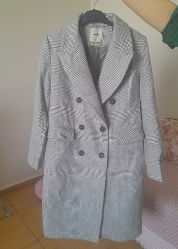 Gri Ekose Düğmeli Midi Kadın Kaban - Görsel 2