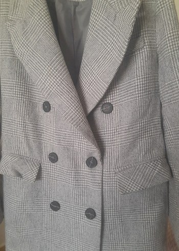 Gri Ekose Düğmeli Midi Kadın Kaban - Görsel 9