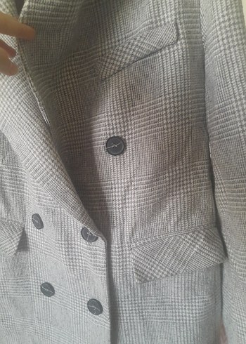 Gri Ekose Düğmeli Midi Kadın Kaban - Görsel 5
