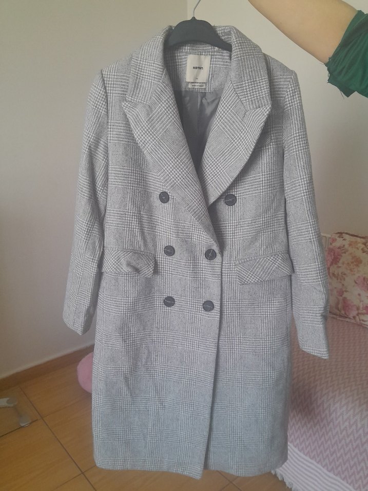 Gri Ekose Düğmeli Midi Kadın Kaban - Görsel 2