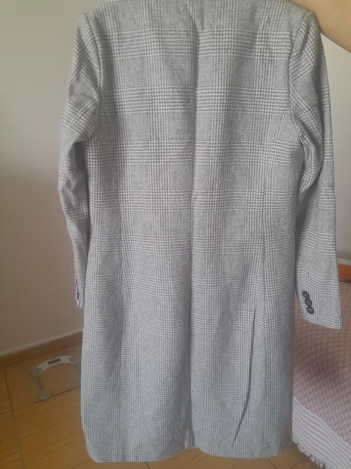 Gri Ekose Düğmeli Midi Kadın Kaban - Görsel 4