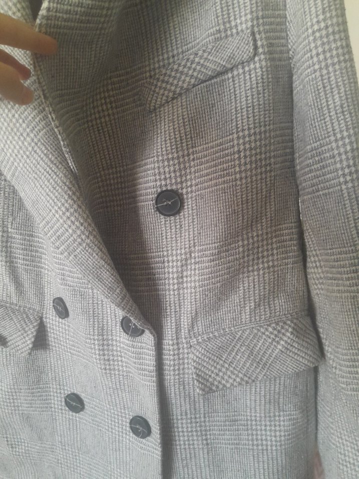 Gri Ekose Düğmeli Midi Kadın Kaban - Görsel 5