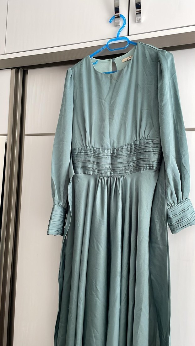 Uzun Turkuaz Keten Pilili Elbise - Görsel 2