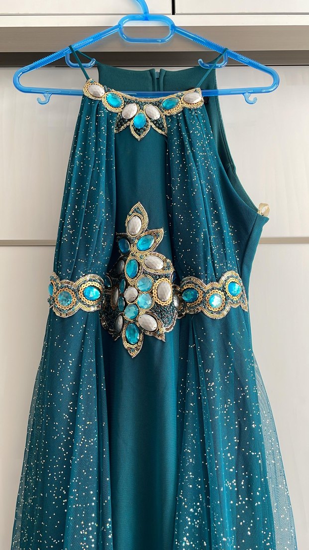 Turkuaz İşlemeli Uzun Bohem Abiye Elbise - Görsel 2