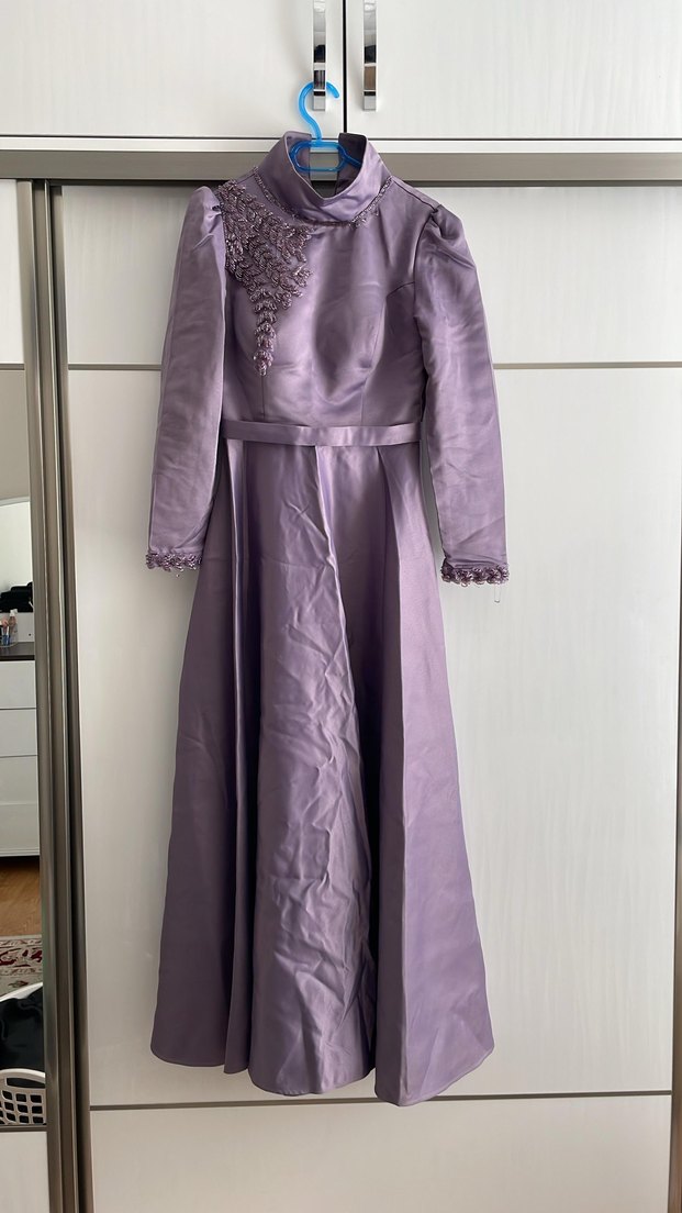 Mor Uzun Kollu İşlemeli Abiye Elbise - Görsel 2