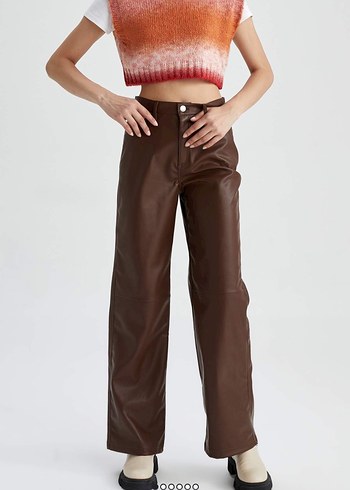 Kahverengi Deri  Düz Kesim Kadın Pantolon - Görsel 2