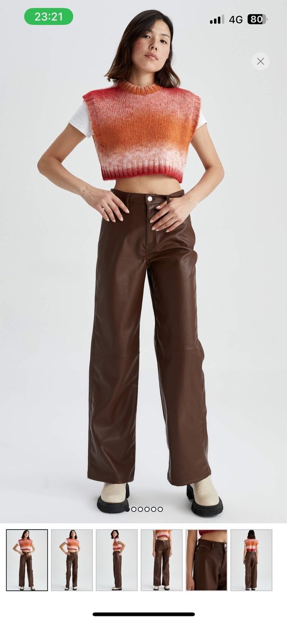 Kahverengi Deri  Düz Kesim Kadın Pantolon - Görsel 2