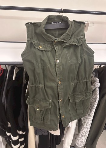 Düğmeli, Kolsuz Kadın Haki Ceket - Görsel 2