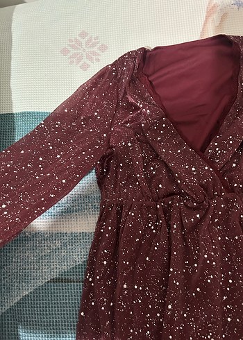 Bordo Parlak Elbise mini V Yakalı - Görsel 3