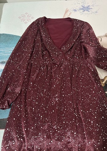 Bordo Parlak Elbise mini V Yakalı - Görsel 2