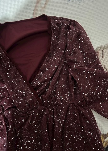 Bordo Parlak Elbise mini V Yakalı - Görsel 4