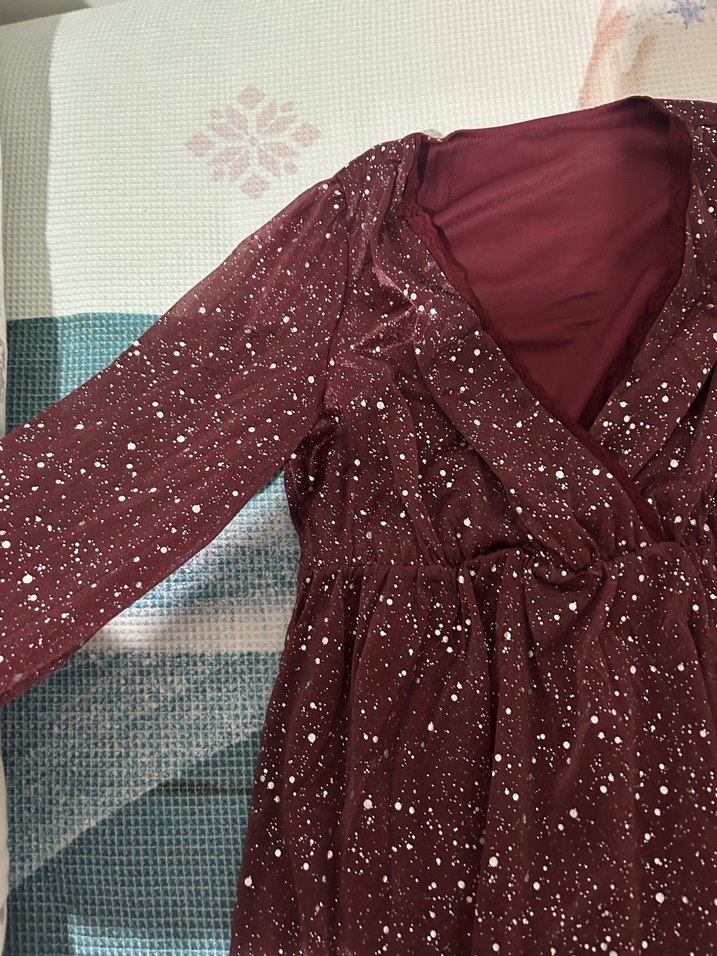 Bordo Parlak Elbise mini V Yakalı - Görsel 3