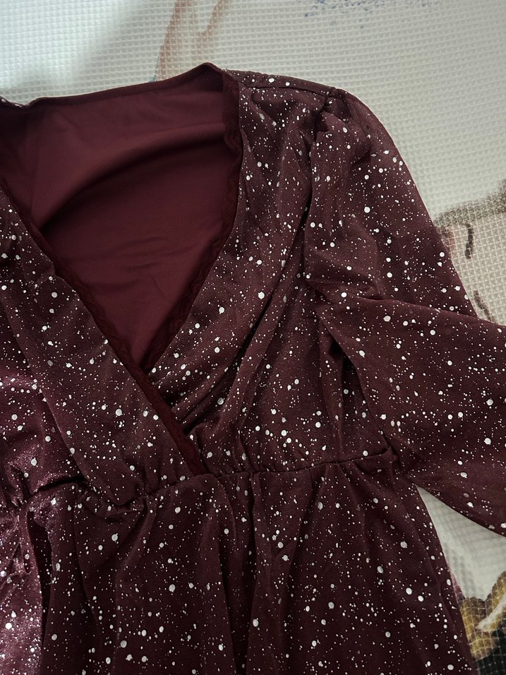 Bordo Parlak Elbise mini V Yakalı - Görsel 4