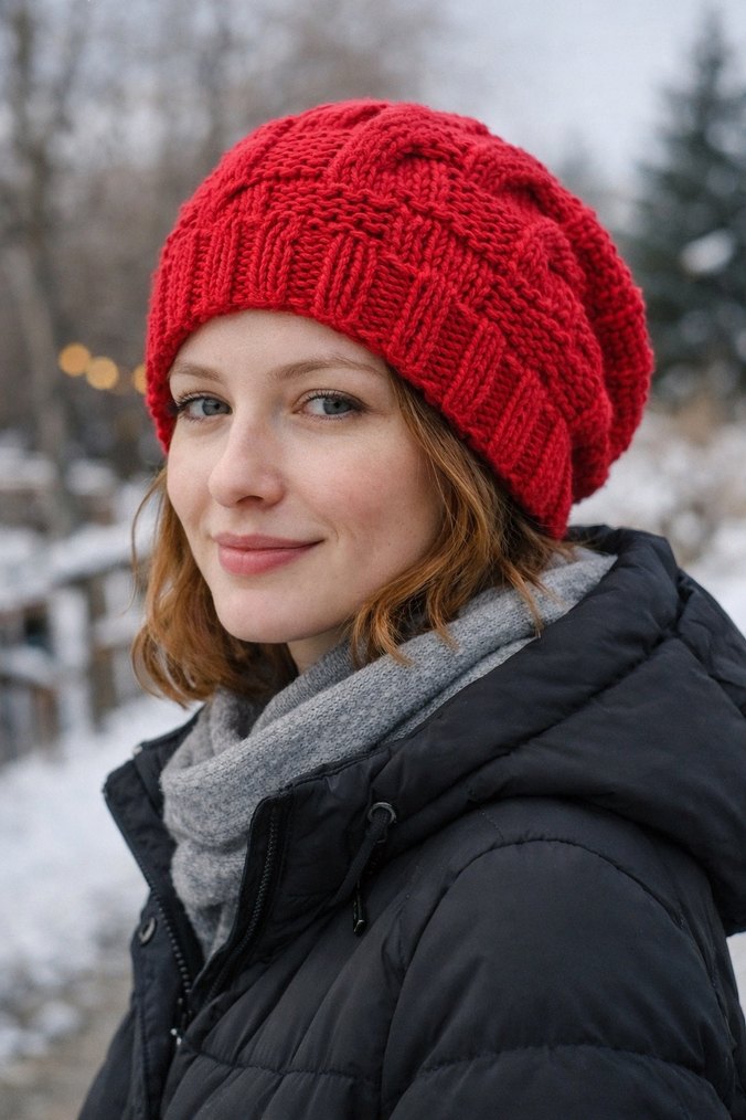 Koyu kırmızı Örgü Kadın Bere - Görsel 4