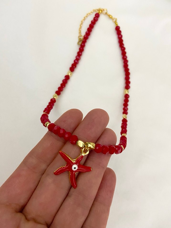 Kırmızı Boncuklu  Deniz Yıldızı Kolye - Görsel 2