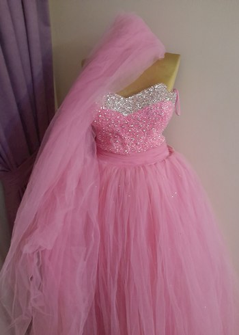 Boncuk İşlemeli Pembe Straplez Uzun Abiye - Görsel 2