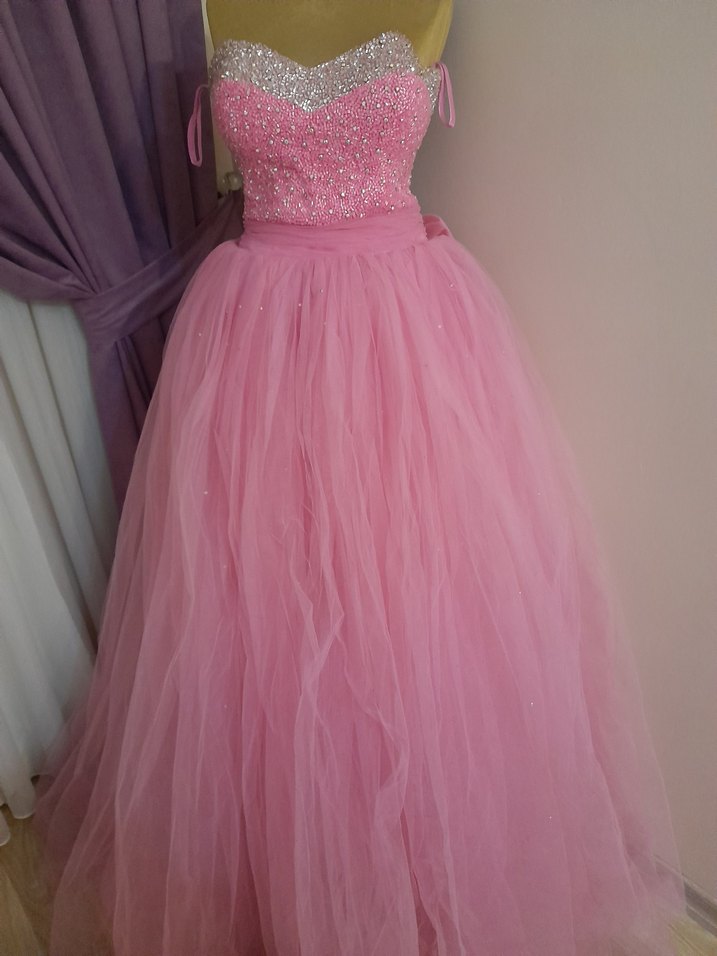 Boncuk İşlemeli Pembe Straplez Uzun Abiye - Görsel 3