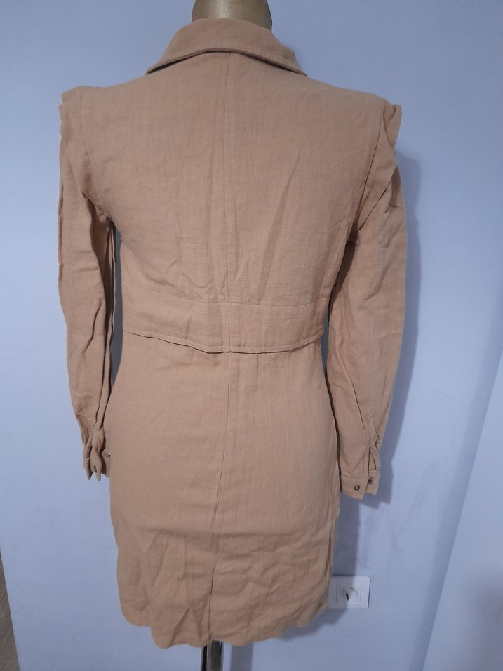 Bej Uzun Kollu Keten Kadın Kaban - Görsel 2