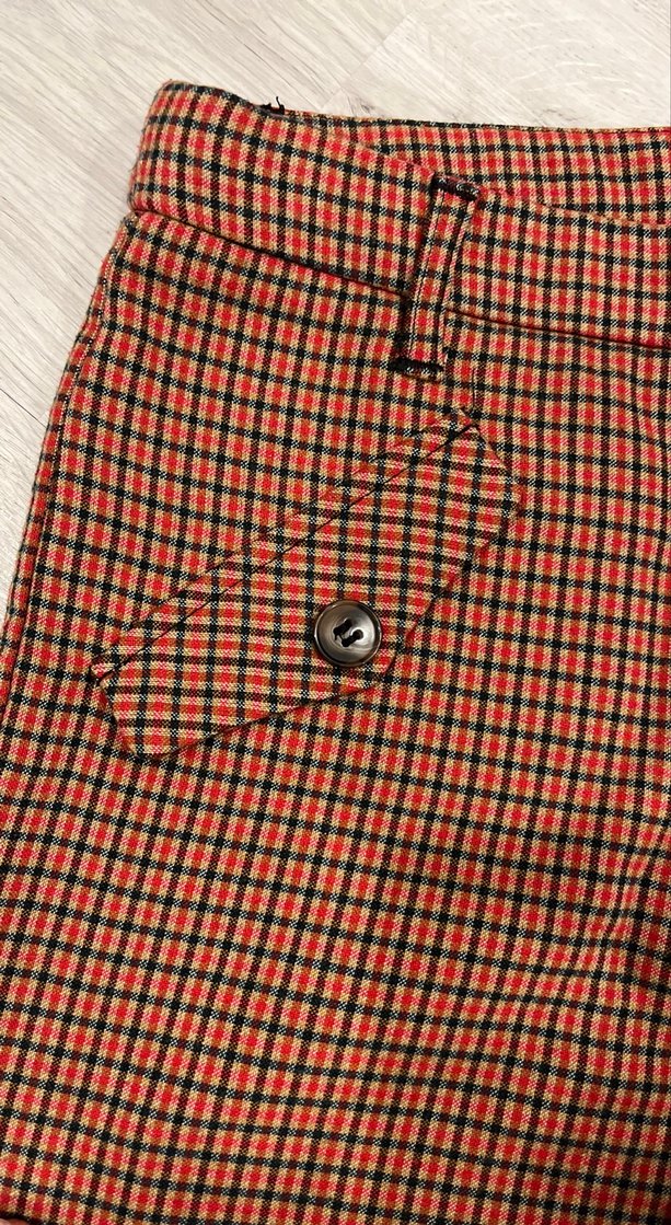 Düğmeli Kahverengi Kırmızı Kareli Kız Çocuk Kumaş Pantolon - Görsel 3