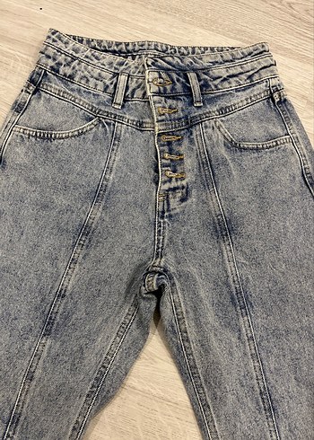 Düğmeli Gri Mavi Kadın Denim Pantolon - Görsel 5