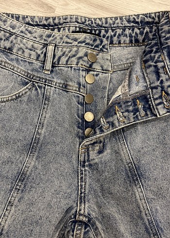 Düğmeli Gri Mavi Kadın Denim Pantolon - Görsel 3