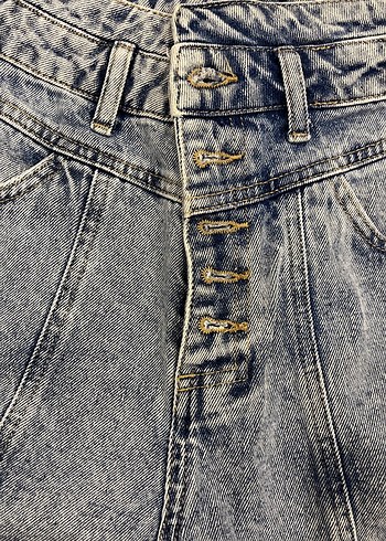 Düğmeli Gri Mavi Kadın Denim Pantolon - Görsel 4