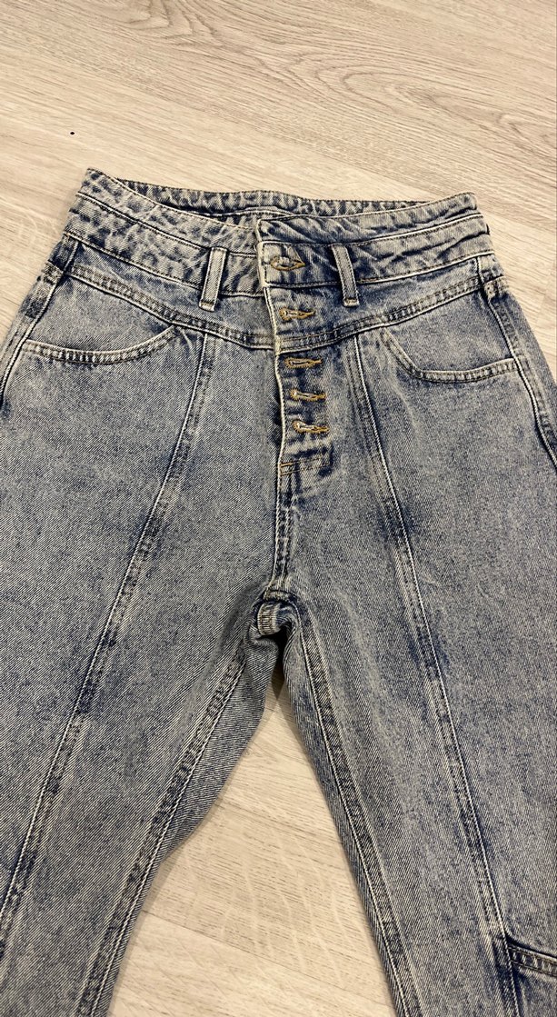 Düğmeli Gri Mavi Kadın Denim Pantolon - Görsel 5