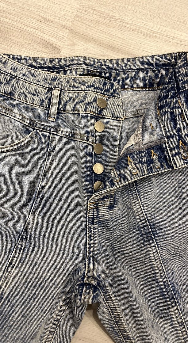 Düğmeli Gri Mavi Kadın Denim Pantolon - Görsel 3