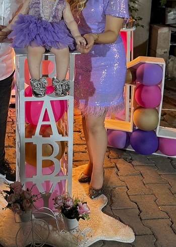 Parlak payetli Mor Simli Elbise - Görsel 5