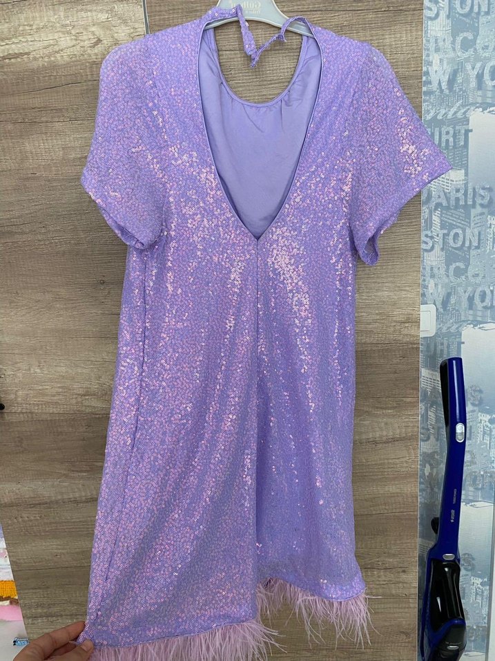 Parlak payetli Mor Simli Elbise - Görsel 2