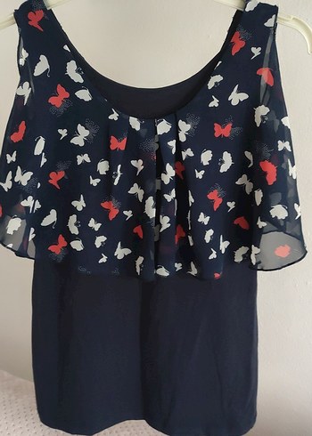 Diğer Lacivert Kelebekli Volanli Bluz