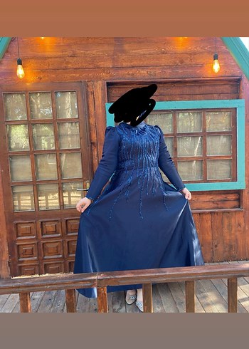 Diğer Lacivert Uzun Kollu Gotik Abiye Elbise