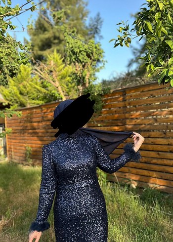 46 Beden Lacivert Yılan Desenli Uzun Kollu Abiye Elbise