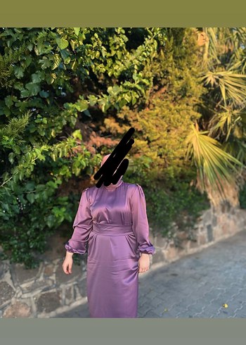50 Beden mor Renk Uzun Kollu Yüksek Yakalı Mor Abiye Elbise