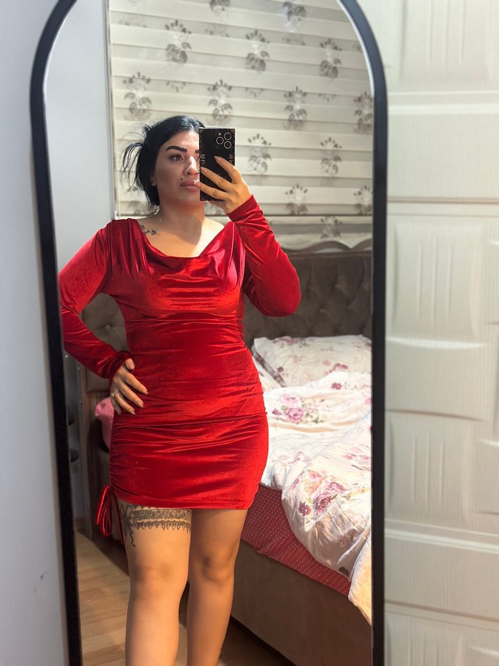 Uzun Kollu Kırmızı Drapeli Mini Elbise - Görsel 2