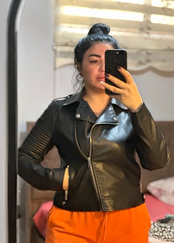 Deri Siyah Biker Ceket, Kemer Detaylı - Görsel 3