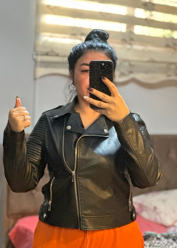 Deri Siyah Biker Ceket, Kemer Detaylı - Görsel 2