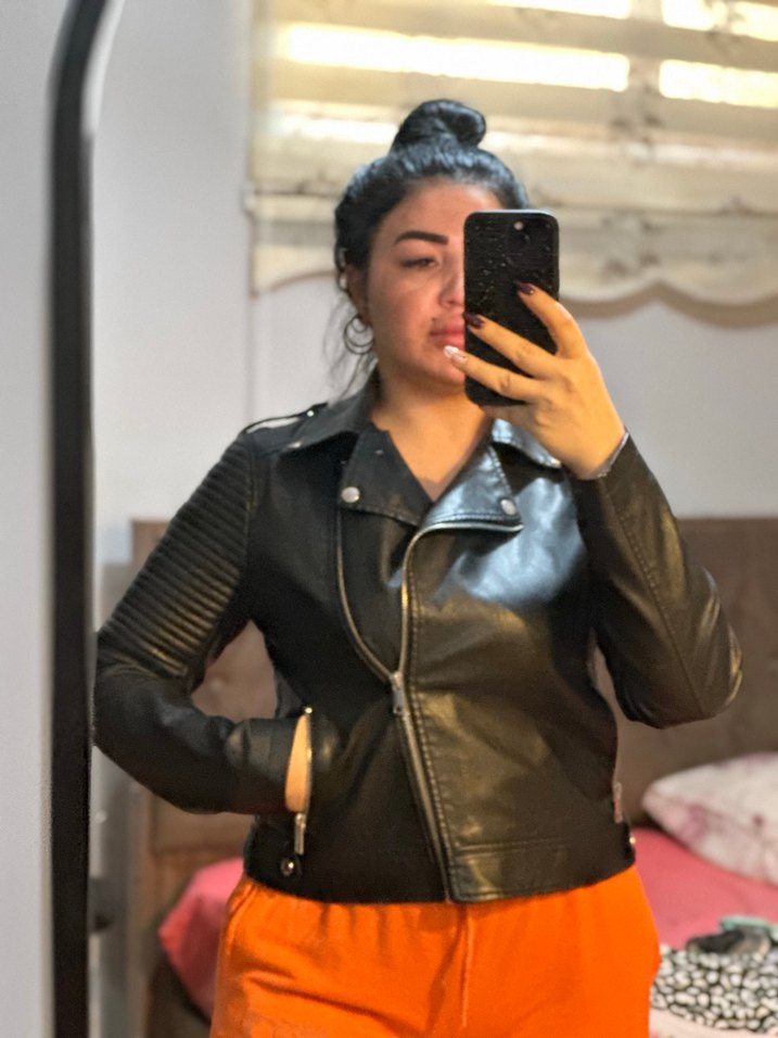 Deri Siyah Biker Ceket, Kemer Detaylı - Görsel 3