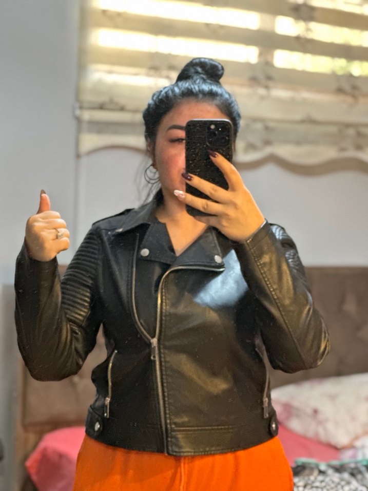 Deri Siyah Biker Ceket, Kemer Detaylı - Görsel 2