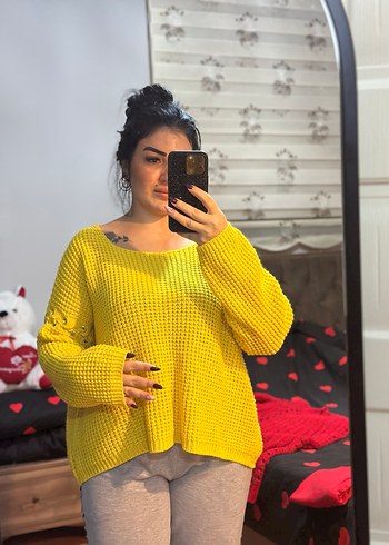 Sarı Örgü Salaş Kadın Kazak - Görsel 3