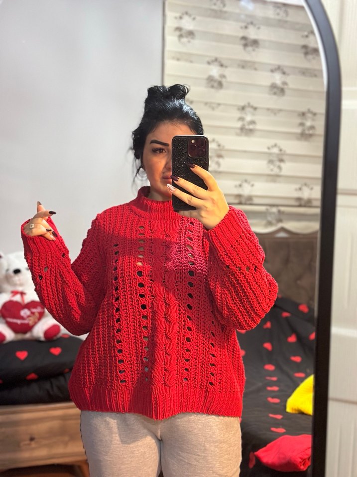 Sarı Örgü Salaş Kadın Kazak - Görsel 4