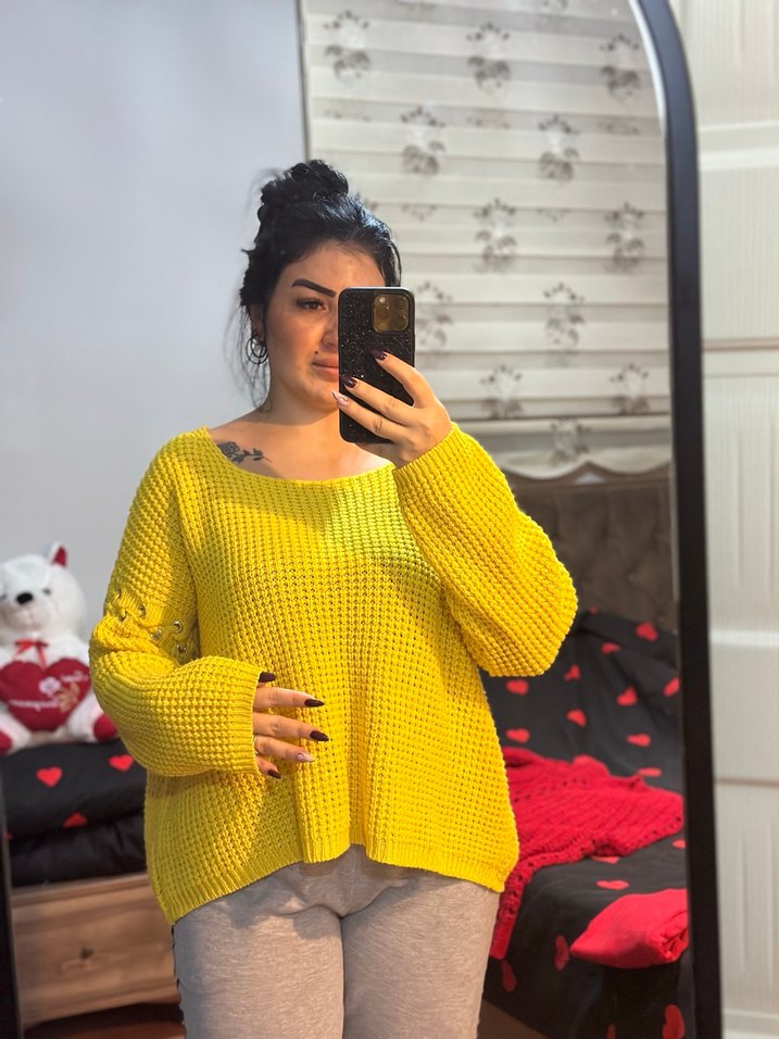 Sarı Örgü Salaş Kadın Kazak - Görsel 3