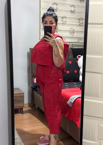 Kırmızı Mini Straplez Rahat Tulum - Görsel 3