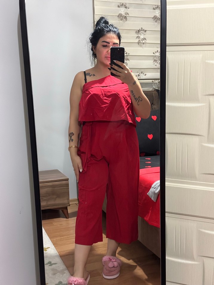 Kırmızı Mini Straplez Rahat Tulum - Görsel 2