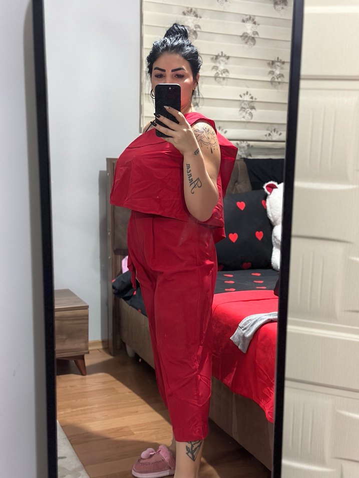 Kırmızı Mini Straplez Rahat Tulum - Görsel 3