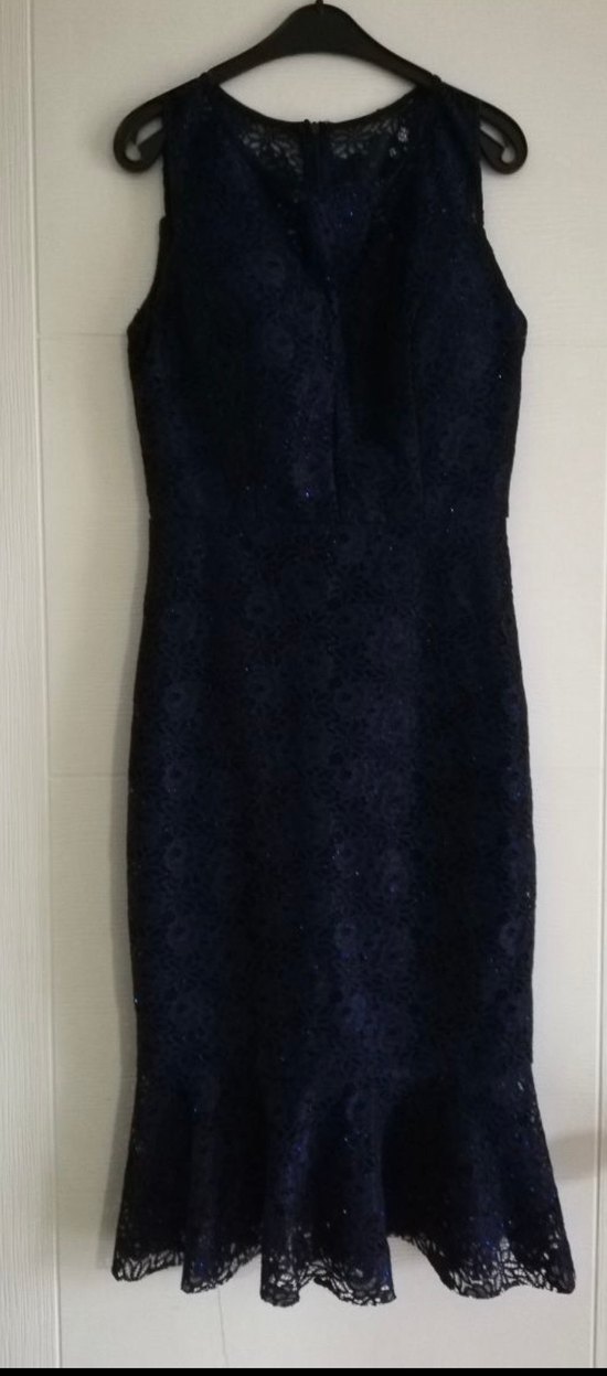 Lacivert Dantel İşlemeli kısa sıfır Yaka Elbise - Görsel 2