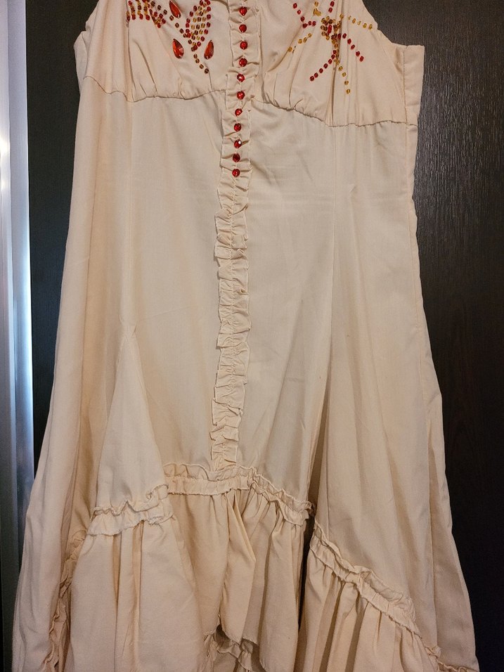 Nakışlı, Fırfırlı Bej Bohem Uzun Elbise - Görsel 3