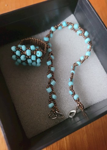 Turkuaz Boncuklu Kısa Bohem Kadın bileklik ve yüzük - Görsel 4