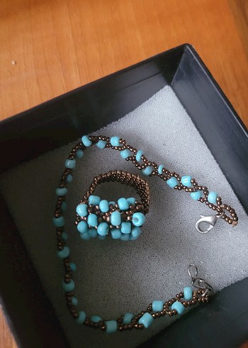 Turkuaz Boncuklu Kısa Bohem Kadın bileklik ve yüzük - Görsel 3